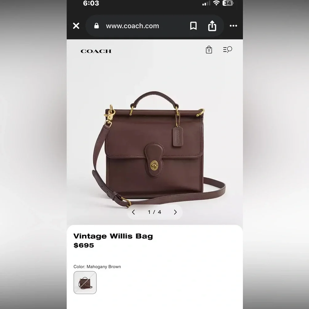 Coach Willis Mahogany Brown Leather Bag Vintage Brass/Gold Hardware Dust Bag Box - Picture 4 of 16